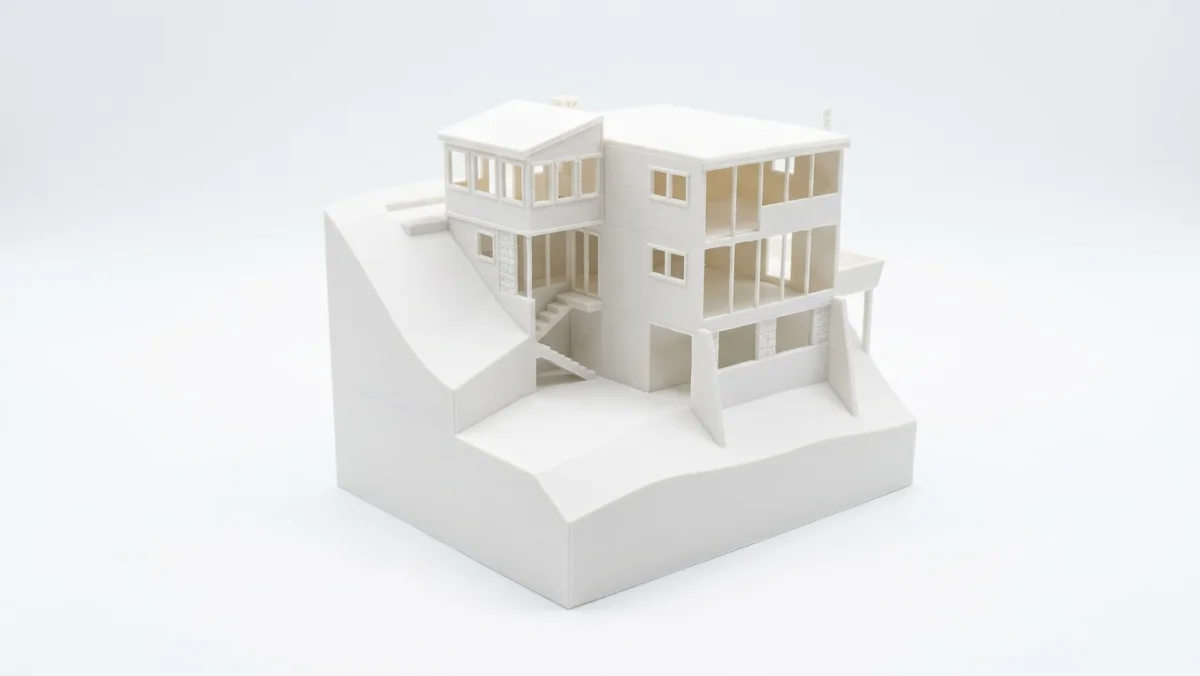White 3D-printed model of a three-story hillside home with exterior stairs and balconies, printed from photos of the real house